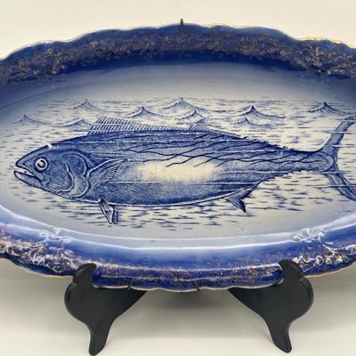 Vintage Blue Fish Platter with Gilt Decorated Scalloped Rim