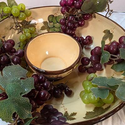 Vintage Pacific Rim Sonoma Hand-Painted Grape & Vine Ceramic Serving Bowl with Center Dip Insert