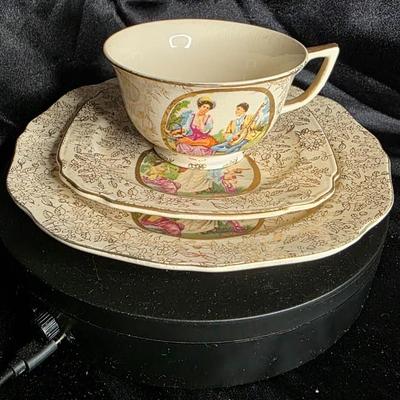 Vintage Japanese Courting Couple Tea Trio (Cup, Saucer & Plate) – Gilt Rococo “Watteau” Scene, AW Japan Mark