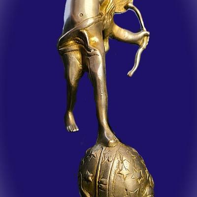 Vintage Heavy Solid Brass Cupid (Eros) Statue on Celestial Globe – 17” French Art Nouveau–Inspired Classical Sculpture