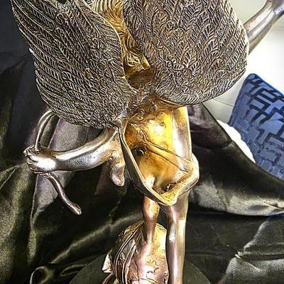 Vintage Heavy Solid Brass Cupid (Eros) Statue on Celestial Globe – 17” French Art Nouveau–Inspired Classical Sculpture
