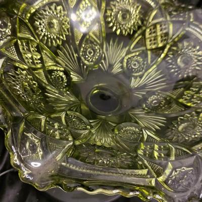 Vintage Imperial Glass Avocado Green Hobstar Pedestal Compote – Mid-Century Statement Bowl