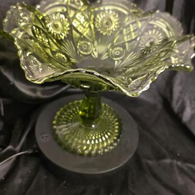 Vintage Imperial Glass Avocado Green Hobstar Pedestal Compote – Mid-Century Statement Bowl