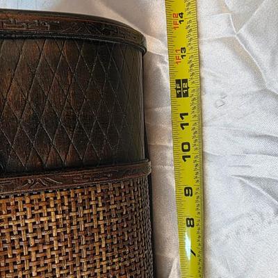 Vintage Woven Cane & Carved Wood Handled Storage Case Decorative Box