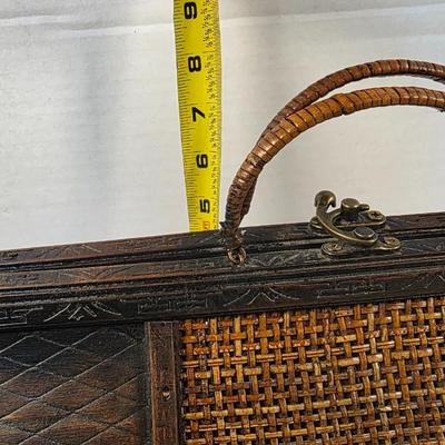 Vintage Woven Cane & Carved Wood Handled Storage Case Decorative Box