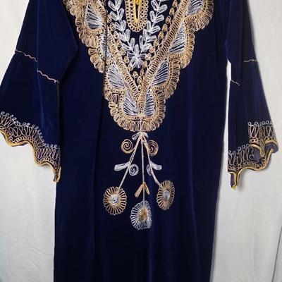Hand-Embroidered Navy Velvet Kaftan Dress with Gold & Silver Threadwork, Long Formal Evening Gown