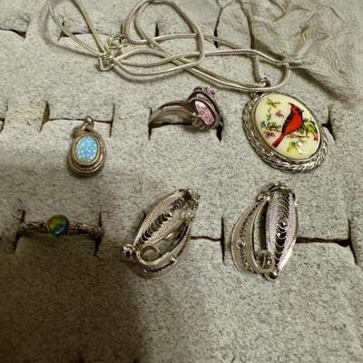 STERLING SILVER SCREW BACK EARRINGS, .925 RING WITH PINK STONE, .925 NECKLACE, AND 2 PENDANTS