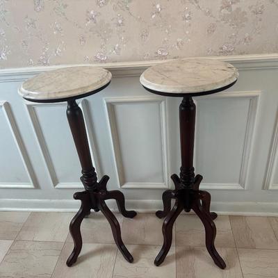 Pair of Italian Marble-Top Pedestal Side Tables, Made in Italy