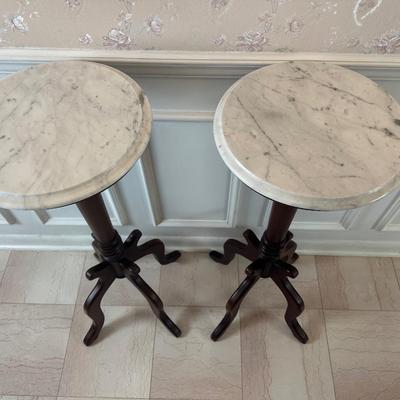 Pair of Italian Marble-Top Pedestal Side Tables, Made in Italy