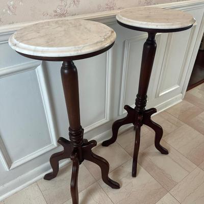 Pair of Italian Marble-Top Pedestal Side Tables, Made in Italy