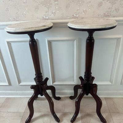 Pair of Italian Marble-Top Pedestal Side Tables, Made in Italy