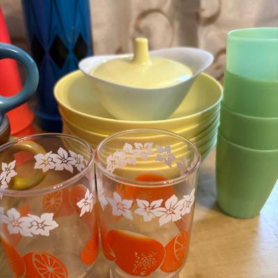 Fire King mugs, Texas Ware bowls, Tupperware glasses