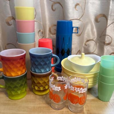 Fire King mugs, Texas Ware bowls, Tupperware glasses