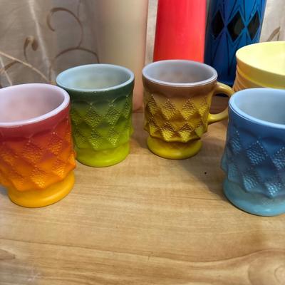 Fire King mugs, Texas Ware bowls, Tupperware glasses