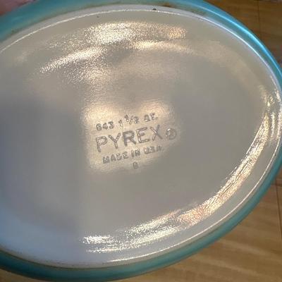 Pyrex turquoise snowflake casserole and Pyrex dish