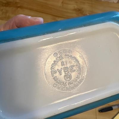 Pyrex turquoise snowflake casserole and Pyrex dish