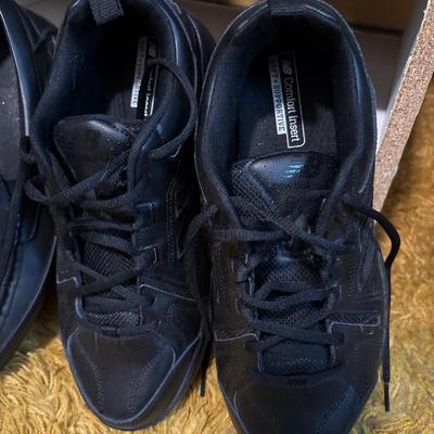 Men’s NB 9.5 shoes, slippers 10.5 & stand, belt