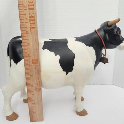 Black and White Cow Figurine with Bell Farm Animal Decor Plastic Figure