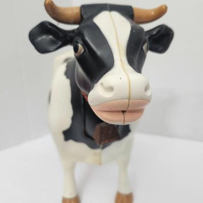 Black and White Cow Figurine with Bell Farm Animal Decor Plastic Figure