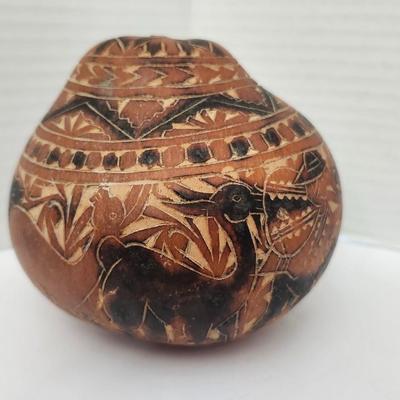 Carved Decorative Gourd With Geometric and Animal Motif Design Southwestern Style Unmarked