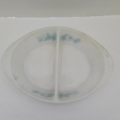 Vintage Glasbake J-2352 Divided Serving Dish Milk Glass "Fruit Medley" Teal Made in USA