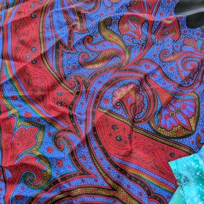 Lot of Four Blue Themed Scarves Mix of Silk and Polyester Colorful Vintage Prints