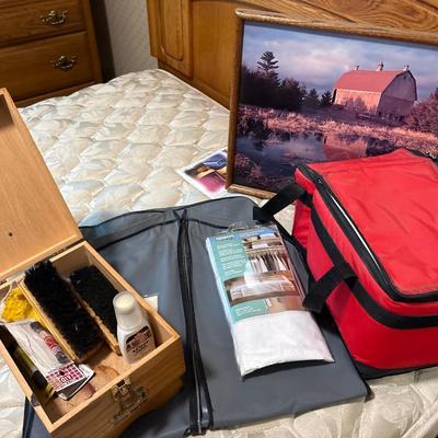 Shoeshine kit, storage bags, cooler, and picture