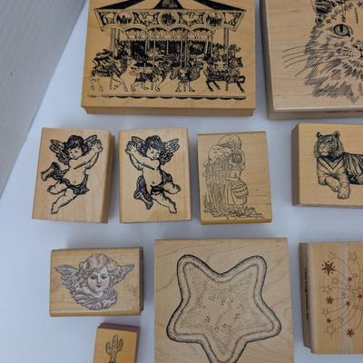 Vintage Rubber Stamp Lot Carousel Cat Fruit Angels Fan Tiger Decorative Craft Stamps