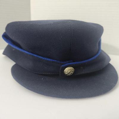 Vintage Navy Blue Civil War Style Kepi Hat with Blue Piping Brass Button Trim