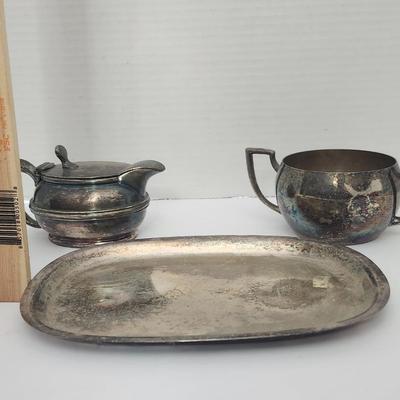 Vintage Silver Tone Creamer Sugar Bowl And Oval Serving Tray Three Piece Tabletop Set