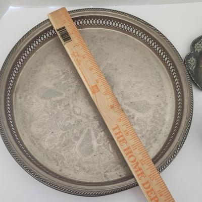 Vintage Silver Tone Serving Tray With Pierced Gallery Plus Small Metal Bucket And Scalloped Dish Lot