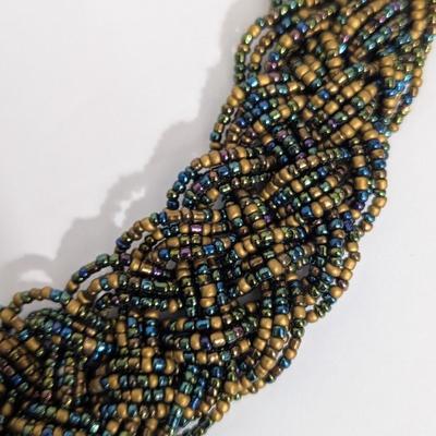 Vintage Multi Strand Seed Bead Statement Necklace Gold Tone Blue Green Iridescent Beaded Collar