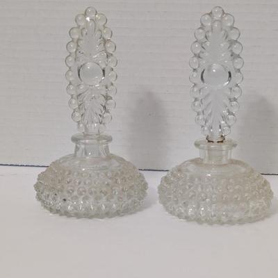 Vintage Pressed Glass Perfume Bottles Lot of Two Hobnail Bases with Bubble Arch Stoppers