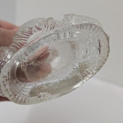 Vintage Clear Pressed Glass Perfume Bottle with Bubble Arch Stopper and Oval Medallion Body