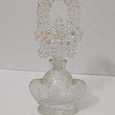 Vintage Clear Pressed Glass Perfume Bottle with Bubble Arch Stopper and Oval Medallion Body