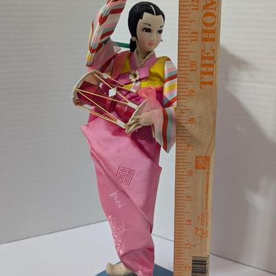 Traditional Korean Folk Dancer Doll Pink Hanbok Costume Drum Figure Cultural Decor Display Piece