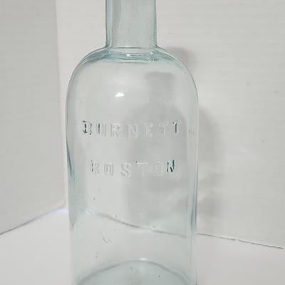 Antique Burnett Boston Embossed Glass Bottle Early American Apothecary Style Clear Aqua Glass