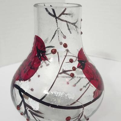 Cardinal Winter Scene Glass Lighted Vase Candle Holder Made in China Holiday Decor