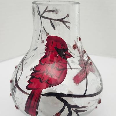 Cardinal Winter Scene Glass Lighted Vase Candle Holder Made in China Holiday Decor