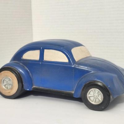 Vintage Blue Volkswagen Beetle Style Ceramic Car Figurine Mid Century Automotive Decor