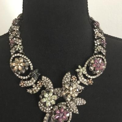 Vintage Zara, rhinestone, flower, statement, necklace, silver toned