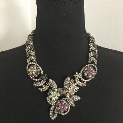 Vintage Zara, rhinestone, flower, statement, necklace, silver toned