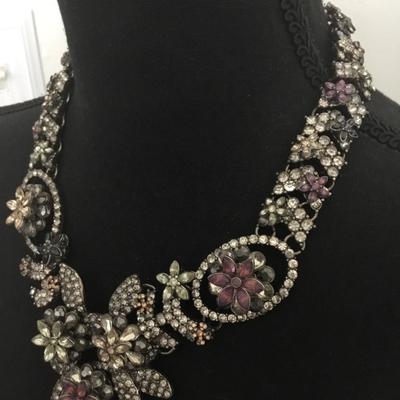 Vintage Zara, rhinestone, flower, statement, necklace, silver toned