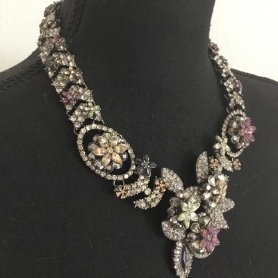 Vintage Zara, rhinestone, flower, statement, necklace, silver toned