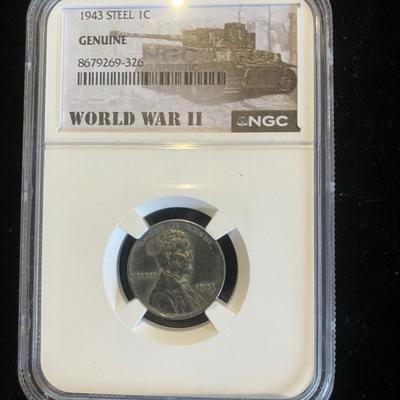 1943 Steel WWII Penny – NGC Genuine 'WORLD WAR II' Tank Slab – Real Wartime History Cent!