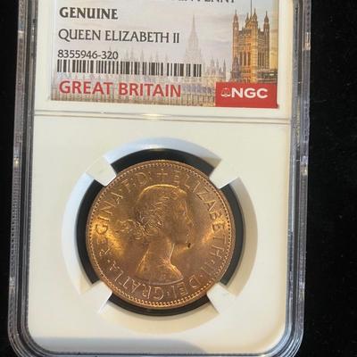 1967 Queen Elizabeth II British Penny – NGC Genuine Big Ben Slab – Pre-Decimal UK Coin!