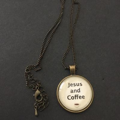 Cute bronze, stoned Jesus in coffee, pendant necklace
