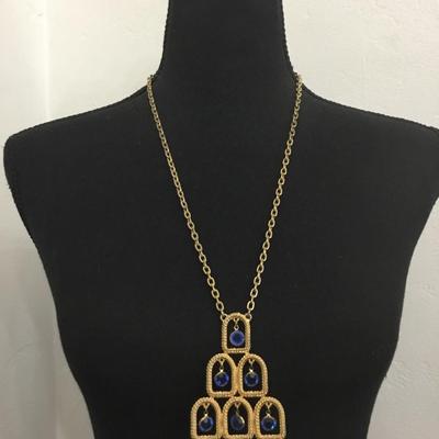 Beautiful vintage, goldtone, ice, blue, crystal rhinestone, waterfall statement, necklace