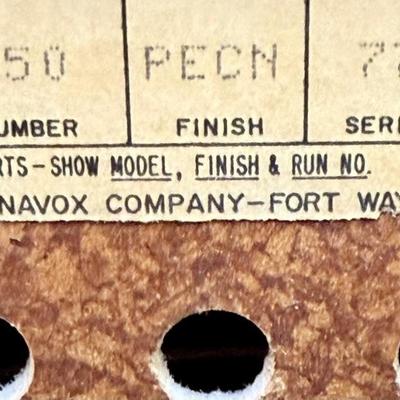 Sale Photo Thumbnail #587: From the early 1970's, pecan finish. Untested. Contains a record player and AM/FM Stereo Receiver Caster wheels underneath to make repositioning easy. Measures approx. 54" x 20" x 27" high. Speakers measure 16" x 11" x 23" high. Includes original paperwor