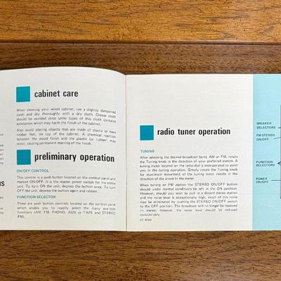 Sale Photo Thumbnail #577: From the early 1970's, pecan finish. Untested. Contains a record player and AM/FM Stereo Receiver Caster wheels underneath to make repositioning easy. Measures approx. 54" x 20" x 27" high. Speakers measure 16" x 11" x 23" high. Includes original paperwor